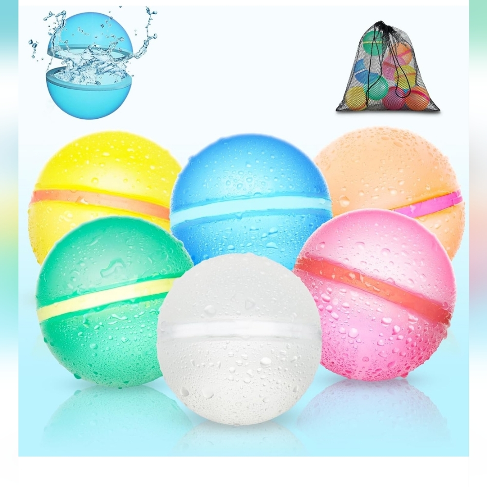 Reusable Water Balloons - Quick Fill, 6 Pcs, Auto Sealing, Refillable, Silicone